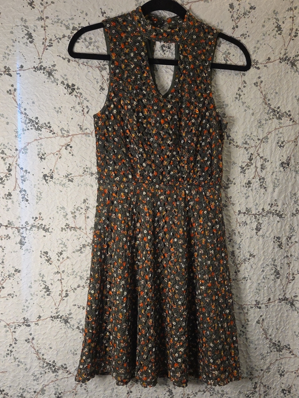 Xhilaration Olive Floral Sleeveless Midi Dress with Orange Accents